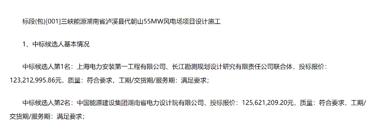 三峽能源55MW風電項目中標候選人公示